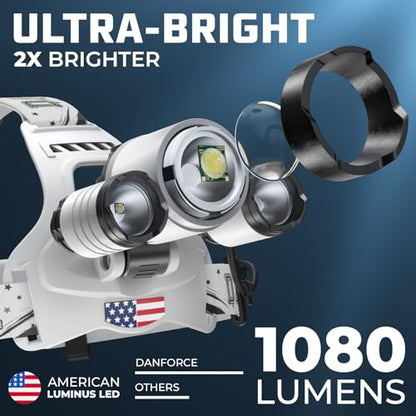 DanForce Headlamp. USB Rechargeable LED Head Lamp. Ultra Bright LUMINUS 1080 Lumen Headlamp Flashlight + Red Light. HeadLamps for Adults, Camping, Outdoors & Hard Hat Light. Zoomable IPX54 Headlight - color: Moon