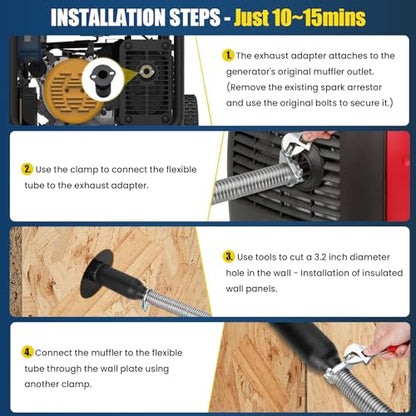 Generator Exhaust Extension Silencer Kit with Three Universal Adapters Compatible ALL Portable Generators with ALL-IN-ONE KIT,Insulated Through-Wall Mounting Plate Safely Vent Exhaust Reduce Noise 55%