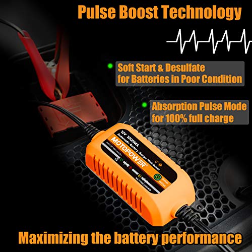 MOTOPOWER 12V 1000mA Automatic Charger - Battery Maintenance - Maintain Charger and Battery Desulfator with Timer Protection. - color: Orange