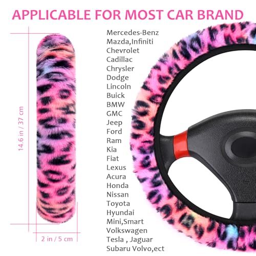 Accmor Fuzzy Car Steering Wheel Cover, Universal Fit Fluffy Auto Wheel Cover & Handbrake Cover & Gear Shift Cover Set, Leopard Print, Car Steering Wheel Cover Protector for Women Girls (Colorful) - color: Colorful/Black Leopard