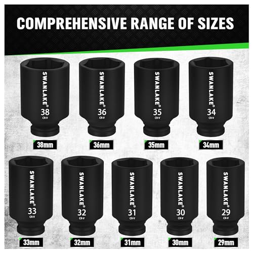 SWANLAKE 9-Piece 1/2" Impact Axle Nut Socket Set, Deep Metric Large Socket Set, 29mm 30mm 31mm 32mm 33mm 34mm 35mm 36mm 38mm, Cr-V Spindle Joint High Torque Wheel Nut Sockets - style: 1/2" Large Metric
