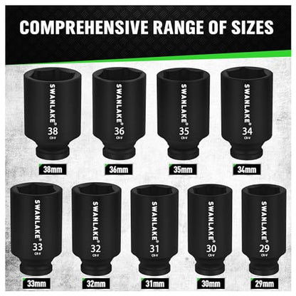 SWANLAKE 9-Piece 1/2" Impact Axle Nut Socket Set, Deep Metric Large Socket Set, 29mm 30mm 31mm 32mm 33mm 34mm 35mm 36mm 38mm, Cr-V Spindle Joint High Torque Wheel Nut Sockets - style: 1/2" Large Metric