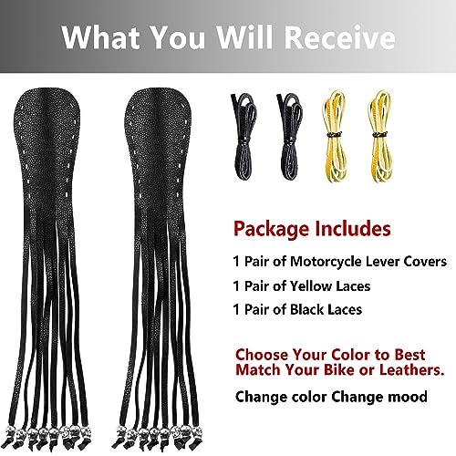 2 PCS Faux Leather Motorcycle Lever Covers with Fringes, Motorcycle Brake Clutch Lever Covers Grip Tassels Motorcycle Handlebar Handle Grip Covers, Fringed Leather Lever Covers Wraps with Skulls - color: Black & Yellow Laces*1 & Black Laces*1