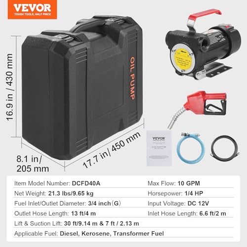 VEVOR Fuel Transfer Pump, 12V DC 10 GPM 1/4 HP, Portable Electric Diesel Transfer Pump with Automatic Shut-Off Fuel Nozzle, High Flow, Long Inlet & Outlet Hose for Diesel, Kerosene, Transformer Fuel - size: 12V 10GPM with Carry Case