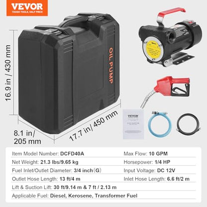 VEVOR Fuel Transfer Pump, 12V DC 10 GPM 1/4 HP, Portable Electric Diesel Transfer Pump with Automatic Shut-Off Fuel Nozzle, High Flow, Long Inlet & Outlet Hose for Diesel, Kerosene, Transformer Fuel - size: 12V 10GPM with Carry Case