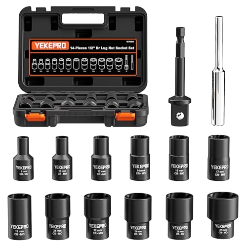 14Pcs 1/2" Drive Lug Nut Removal Tool, Impact Twist Extractor Set - size: 14-Piece Twist Socket Set