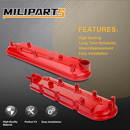 Upgrade Aluminum Engine Valve Covers Compatible with 1999-2008 Cadillac Escalade Chevy Silverado, Suburban Tahoe Trailblazer GMC Sierra Yukon Replaces Parts 12570427 12582224 - color: RED(Aluminum)