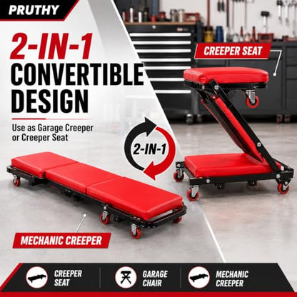 Mechanic Creeper Folding 2-in-1 Rolling Seat All-in-One Adjustable Roller Garage Creepers Automotive, Lay Down or Sit, Car Roller Creeper with 6 Swivel Casters
