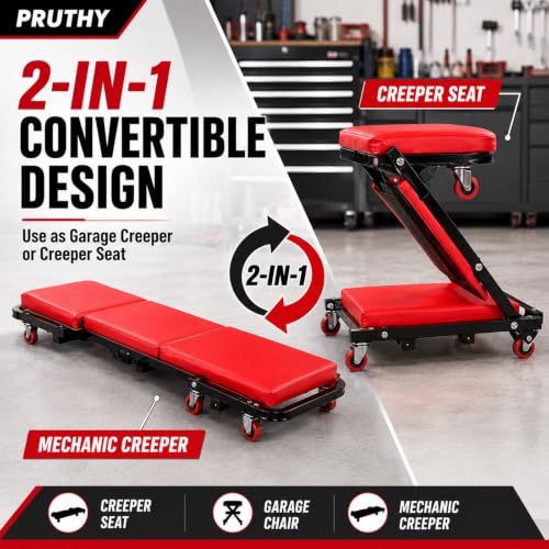 Mechanic Creeper Folding 2-in-1 Rolling Seat All-in-One Adjustable Roller Garage Creepers Automotive, Lay Down or Sit, Car Roller Creeper with 6 Swivel Casters