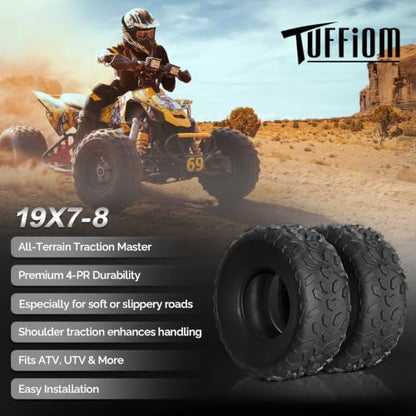 TUFFIOM 19x7-8 ATV UTV Tires for All-Terrain, 4PR Mini Bike Tires with Good Longitudinal Traction and Reversing Performance on Mud, Sand and Rocks, Tubeless, Set of 2 - size: 19x7-8 4PR (2 pack)