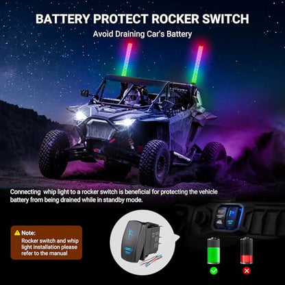 Ehaho 2PCS 3FT Fat Whip Lights for UTV ATV with Spring Base, Led Fatty Whip Light W/Rocker Switch & 6 Flags, Brighter Spiral Chasing Lighted Antenna Whip with APP & Remote Control for RZR SXS Can-Am - size: 3FT-2PCS