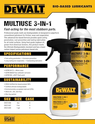 DEWALT 3 in 1 Multi Purpose Biodegradable Penetrating Oil – Professional Grade Lubricant for Machines, Tools, Doors Hinges and Much More, – Fast Acting Lubricating Formula, 11 oz