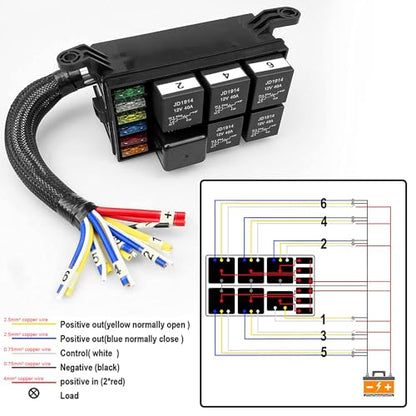 Gebildet 12V Fuse and Relay Box with 5pcs 5-Pin JD1914 40A Relay and 1pc 4-Pin Relay 6 ATC/ATO Blade Fuse, Universal Waterproof Fuse Relay Box for Automotive Car Truck Marine Boat - style: 12V Relay&fuse Box