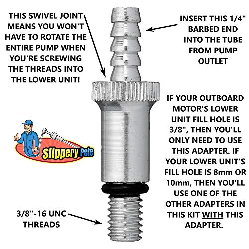 Slippery Pete - Lower Unit Gear Oil Pump for Standard Quart Bottles, Includes 3/8 inch Metal Swivel, 8mm and 10mm Adapters Fit Most Marine Boat Outboard Motors (NOT COMPATIBLE WITH VOLVO PENTA) - size: 28mm