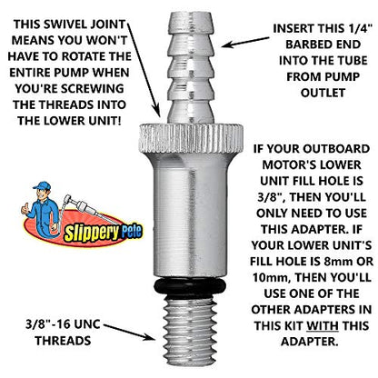 Slippery Pete - Lower Unit Gear Oil Pump for Standard Quart Bottles, Includes 3/8 inch Metal Swivel, 8mm and 10mm Adapters Fit Most Marine Boat Outboard Motors (NOT COMPATIBLE WITH VOLVO PENTA) - size: 28mm