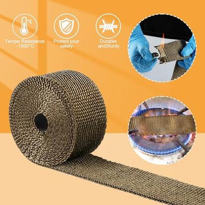 Exhaust Heat Wrap, Tooomplus 2'' x 16' Fiberglass Heat Shield Tape, Heat Wrap for Exhaust Pipes with 10pcs Stainless Steel Ties for Motorcycle Car Truck - size: 16 ft