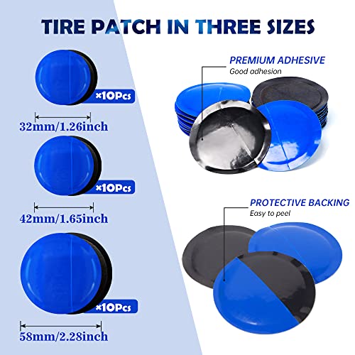 34Pcs Tire Repair Patch Tools Tire Patch Kit, Tire Repair Kit Tire Patch Roller Tungsten Steel Buffing Wheel with Inner Liner Scraper 30Pcs Tire Patches for Car Motorcycle Bike (55 mm) - size: 55 mm