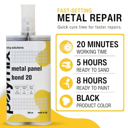 Polymix Panel Bond 20 Adhesive Kit – 3 x 200ml Cartridges, 6 Mixing Tips & 200ml Dispensing Gun – Auto Body Panel Adhesive, Fast Cure Structural Bonding Solution