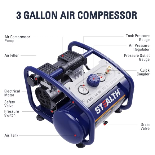 STEALTH Air Compressor 3 Gallon, Quiet Air Compressor, Oil-Free Air Tool, for Tire Inflator, Auto Repair, Woodwork Nailing (SAQ-1301) - style: SAQ-1301-FBA