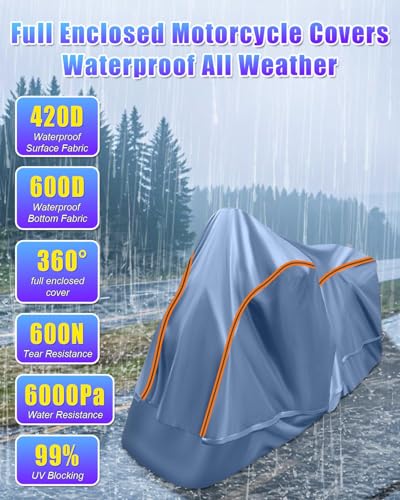 Full Enclosed Motorcycle Cover Waterproof Outdoor Length up to 108" - size: 3.(3XL) 108"L x 45"W x 59"H