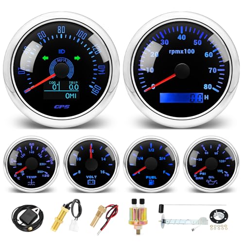 MH 6 Boat AUTO Gauge Set - 3-3/8" GPS Speedometer, Tachometer, 2-1/16" Oil Pressure, Fuel Level, Water Temperature, Voltmeter Marine Meter Kit Waterproof 7 Color (Black and Silver) - color: Black and Silver