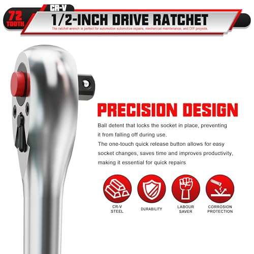 1/2-Inch Drive Ratchet, 11'' Ratchet Handle, 72-Tooth Quick-release Ratchet Wrench, Full Polished, for Auto Repair, Mechanical Repair - size: 1/2-inch 11"