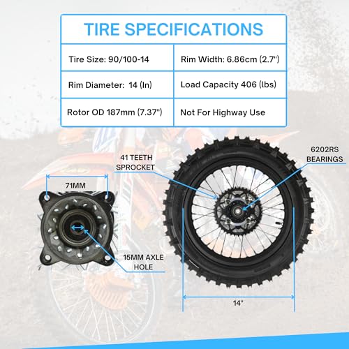 14" Rear Wheel Rim Tire Assembly For Dirt Pit Bike Trail 90/100-14 Rear Wheel Rim Tire Fits 125/140/150/160cc Pit Dirt Bike KLX65 Apollo Kayo TT 125 140 Brake Rotor, Sprocket (14 with Components) - size: 14 with Components