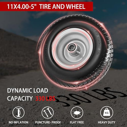 (2-Pack) 11x4.00-5 Flat-Free Lawn Mower Tires and Wheels, 3.4" Centered Hub, 3/4" & 5/8" & 1/2" Bushings, Zero Turn Front Replacement - size: 11x4-5 Flat Free Tire(Silver Rim)