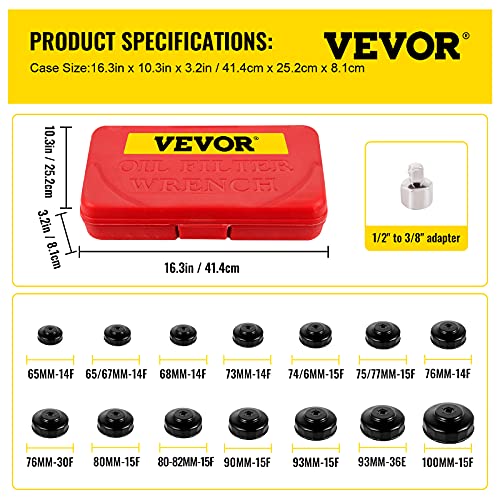 VEVOR Oil Filter Socket Set, 14 Pcs Oil Filter Wrench Set, Sturdy Steel Oil Filter Socket, 3/8" Oil Filter Socket, Low Profile Oil Filter Socket Set For Easy Access, Oil Filter Wrench Cap Set w/Case