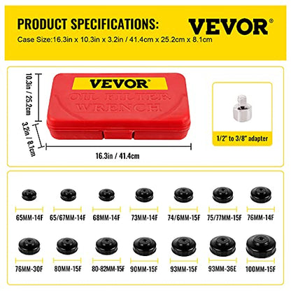 VEVOR Oil Filter Socket Set, 14 Pcs Oil Filter Wrench Set, Sturdy Steel Oil Filter Socket, 3/8" Oil Filter Socket, Low Profile Oil Filter Socket Set For Easy Access, Oil Filter Wrench Cap Set w/Case