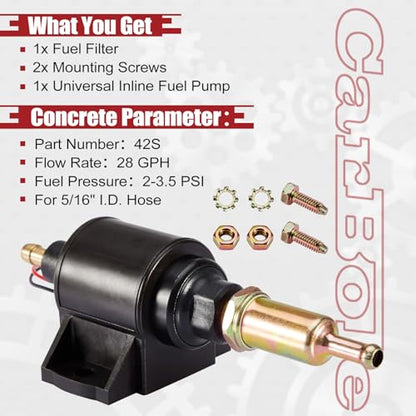 CarBole Universal Electric Fuel Pump 12V Low Pressure 2-3.5 PSI, Inline Gasoline Diesel Pump Compatible for Carburetors Cars Trucks Boats Engine - color: 28GPH 2-3.5PSI for Gasoline