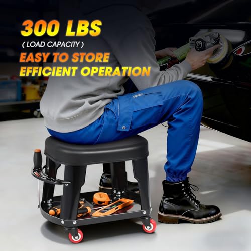 DNA Motoring TOOLS-00252 Removable Rolling Garage Stool with Seat Cushion & Tool Tray Plate,300lbs Max Weight Capacity - color: Black