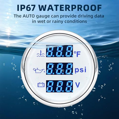 MH Triple Gauge Set - Water Temp (104°F-248°F), Oil Pressure (0-145PSI), Voltmeter (9-32V), Blue Backlight AUTO Gauge with Sensors 2" 52mm 3-in-1 Boat Marine Meter Kit (White) - color: White