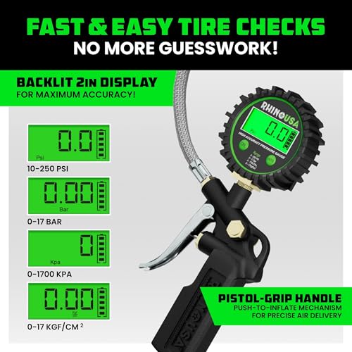 Rhino USA Digital Tire Pressure Gauge with Inflator (250 PSI) - Air Chuck - style: 250psi Digital