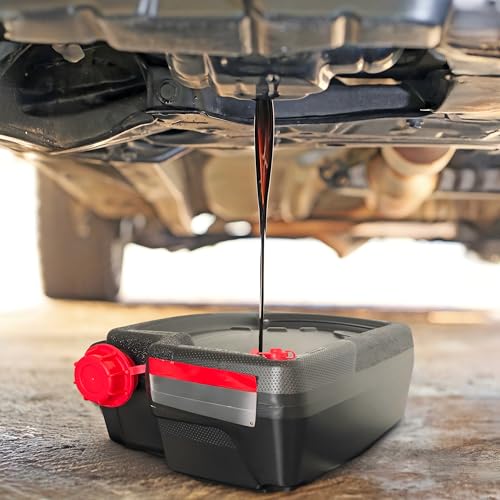 Black 10-Quart Automotive Oil Drain pan, Splash-Proof Oil Collection Tray, Sturdy and Durable Plastic Oil Container, an Essential Automotive Accessory for DIY Oil Changes and Mechanics.