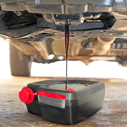 Black 10-Quart Automotive Oil Drain pan, Splash-Proof Oil Collection Tray, Sturdy and Durable Plastic Oil Container, an Essential Automotive Accessory for DIY Oil Changes and Mechanics.
