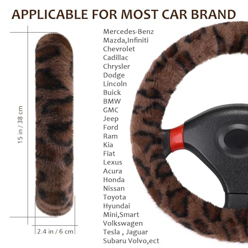Accmor Fuzzy Car Steering Wheel Cover, Universal Fit Fur Auto Wheel Cover & Handbrake Cover & Gear Shift Cover Set, Fashion Leopard Fluffy Steering Wheel Protector Car Accessories for Men Women - color: Dark Brown/Dark Brown Leopard