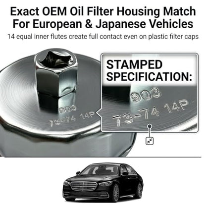 74mm 14 Flute Oil Filter Cap Wrench Socket, Heavy Duty Aluminum Removal Tool Compatible with Mercedes Benz Audi VW Porsche Sprinter Mazda, Automotive Marine Engine Maintenance Accessory