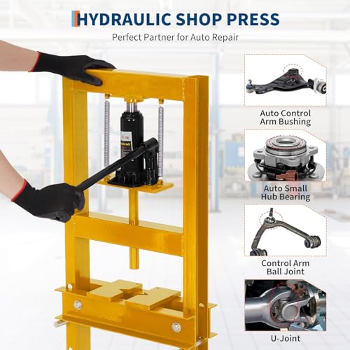 6 Ton Hydraulic Shop Press, H-Frame Heavy-Duty Garage Floor Press with 2 Press Plates, Adjustable Height Work Table, Ideal for Automotive Repair, Metalworking & Bearing Installation