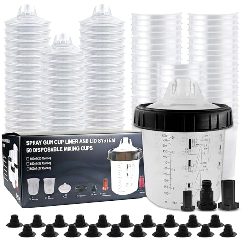 Disposable Paint Cup Liners & Lid System, 15 Standard 20 Ounce (600ml) Kit - 190 Mic- 15 Liners, 15 Lids with Strainer, 1Hard Cup with Retainer Ring, 2 Cup Adapter - size: 50pcs 600ml