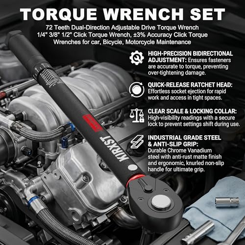 9PCS 1/4" 3/8" 1/2" Drive Click Torque Wrench, 72 Teeth Dual-Direction Adjustable, ±3% Accuracy Click Torque Wrench Set for Car, Motorcycle Maintenance - size: 9pcs