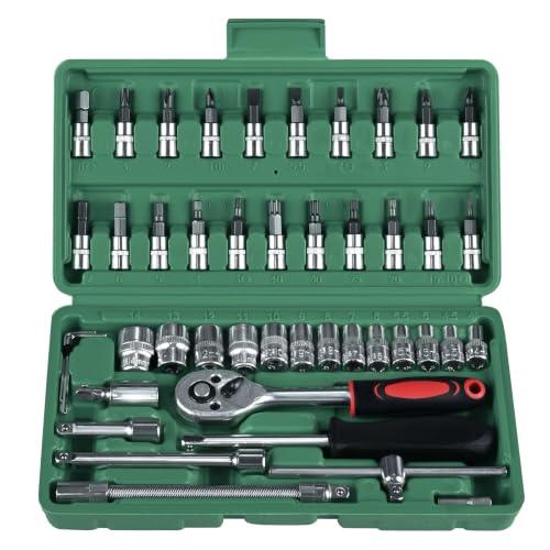 46PCS Socket Ratchet Wrench Set, 1/4 Inch Drive Small Tool Set with Screwdriver Bit Sockets Extension Bar and Storage Case, Metric Socket Set for Car Repair and Home Use, Green - color: Green
