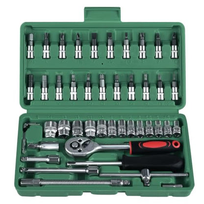 46PCS Socket Ratchet Wrench Set, 1/4 Inch Drive Small Tool Set with Screwdriver Bit Sockets Extension Bar and Storage Case, Metric Socket Set for Car Repair and Home Use, Green - color: Green