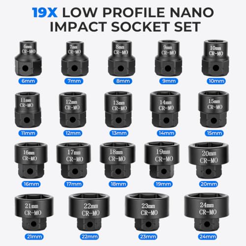 19-Piece 3/8" Drive Low Profile Nano Impact Socket Set, 6-24mm, Metric - size: 19-Piece