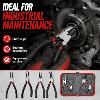 7” Snap Ring Pliers Set 4PC, Internal/External Circlip Pliers with Straight+Bent Jaws, Heavy Duty C Clamp Pliers & C Clip Removal Tool for Automotive Tools Professional Mechanics