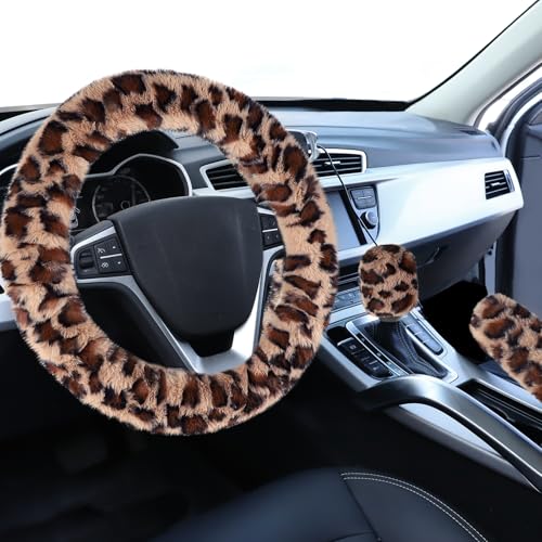 Accmor Fuzzy Car Steering Wheel Cover, Universal Fit Fur Auto Wheel Cover & Handbrake Cover & Gear Shift Cover Set, Leopard Warm Fluffy Vehicle Wheel Protector Car Accessories for Men Women (Brown) - color: Brown/Dark Brown Leopard