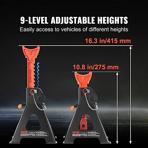 VEVOR Jack Stands, 3 Ton (6,000 lbs) Capacity Car Jack Stands Double Locking, 10.8-16.3 inch Adjustable Height, for Lifting SUV, Pickup Truck, Car and UTV/ATV, Red, 1 Pair - style: 3T 2-Locking