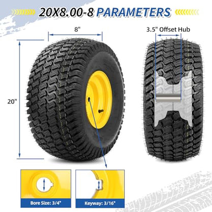 GICOOL 20x8.00-8 Tire and Wheel, 4 Ply Tubeless Lawn Mower Tire Replacement 20x8-8nhs Riding Tractor Mower and Rear Tire and Wheel Assemblies, 3.5" Offset Hub, 3/4" Borehole, and 3/16" Keyway, 2 Pack - size: 20x8.00-8 Tubeless