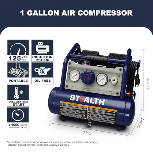 STEALTH Air Compressor 1 Gallon, 1/2HP Max 125 PSI, Induction Motor, 0.8 CFM@90PSI, 1.3 CFM@40PSI, Oil-Free Maintenance Free Light Weight Electric Air Tools for Drilling, Nailing, Grinding, SAUQ-1105 - style: SAUQ-1105-1