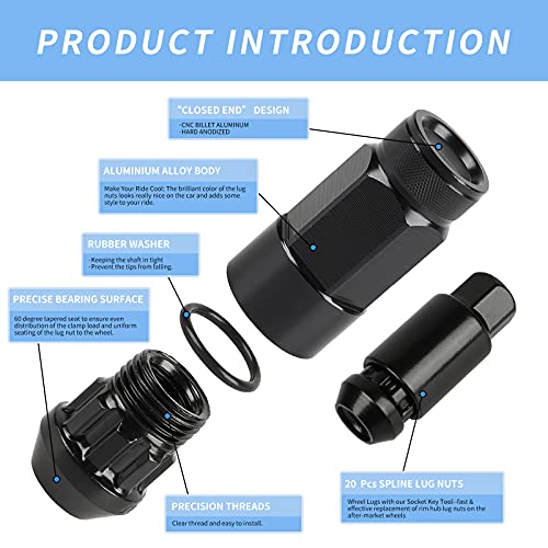 20PCS Closed End Lug Nuts M12X1.5 Wheel Rims Lug Nuts +Socket (Black) - color: Black